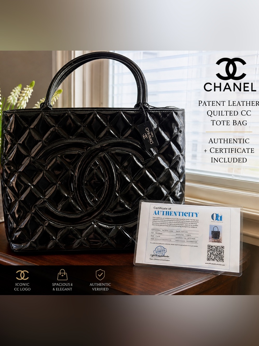 Authentic Chanel Black Patent Leather Quilted CC Logo Tote Bag + Certificate